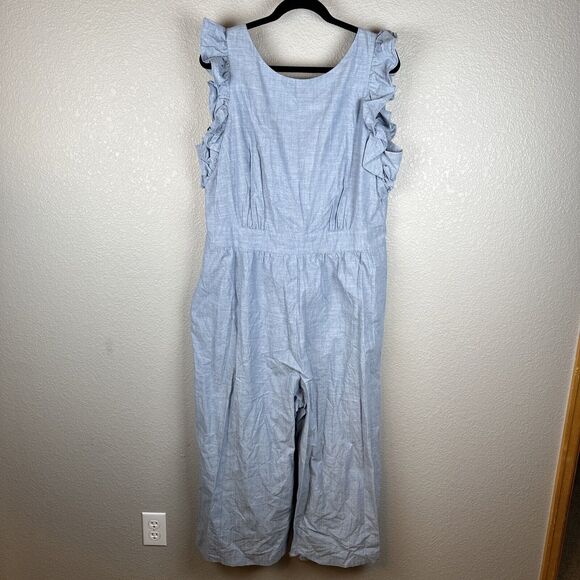 Nordstrom 1901 Womens Ruffle Sleeve Crop Jumpsuit 18 Plus Blue Chambray Pockets - Picture 1 of 6